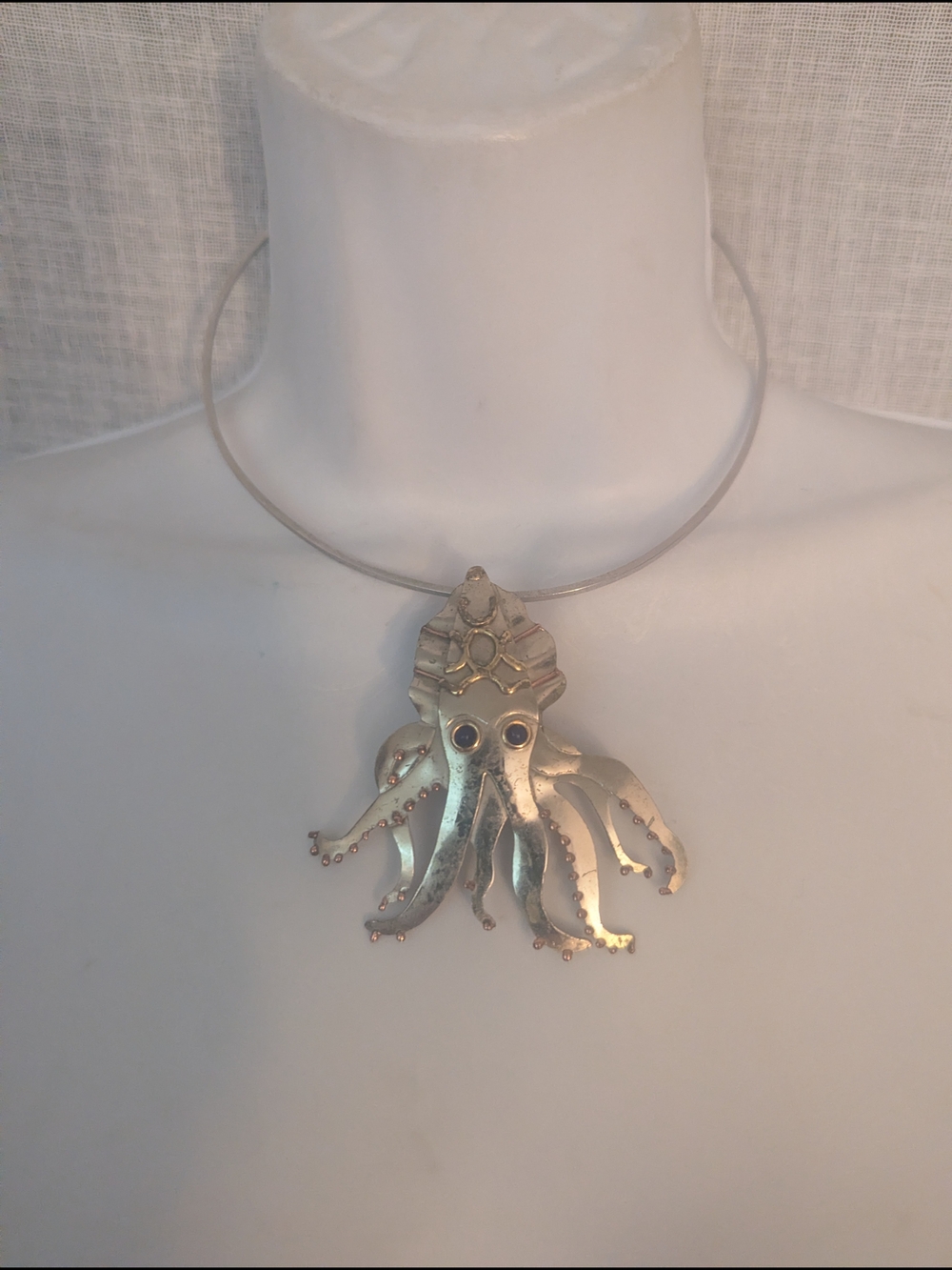 Octopus Pendant Necklace in Silver Tone Handmade Choker Brooch Mermaid Style